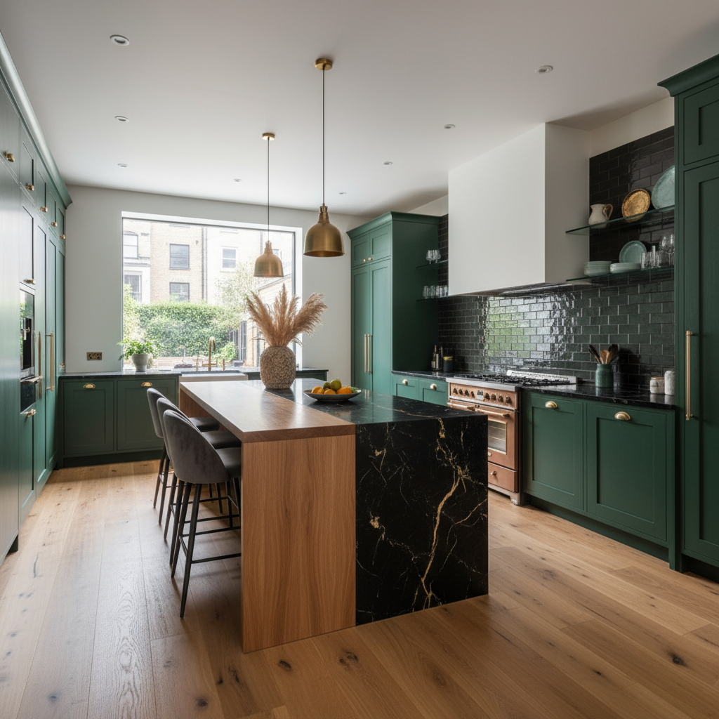 a modern bespoke kitchen with luxurious colours, an island breakfast bar with oak plank flooring