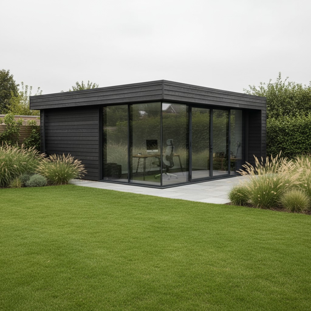 A studio office nestled in a mature English garden, featuring an airy, minimalist aesthetic.