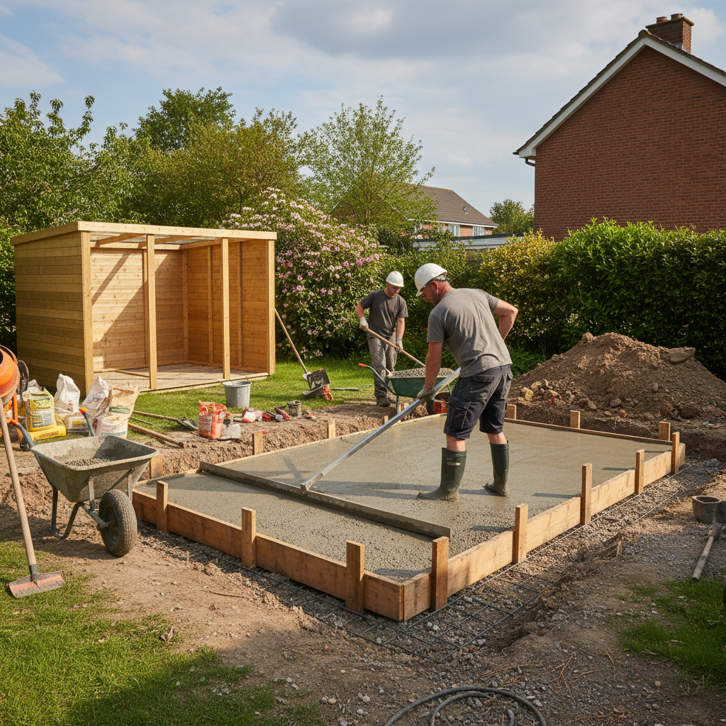 two men installing a concrete pad for a shed using a screeding bar in a garden