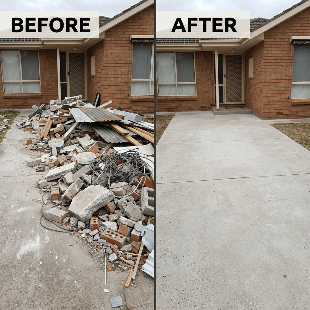 Before-and-after view of a cluttered driveway cleared and resurfaced